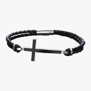 Men's Double Braided Black Leather Bracelet with Cross & Magnetic Clasp