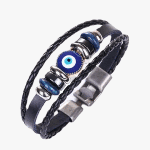 Men's Multi-Layer Braided Leather Bracelet with Blue Evil Eye – Hook Buckle Clasp